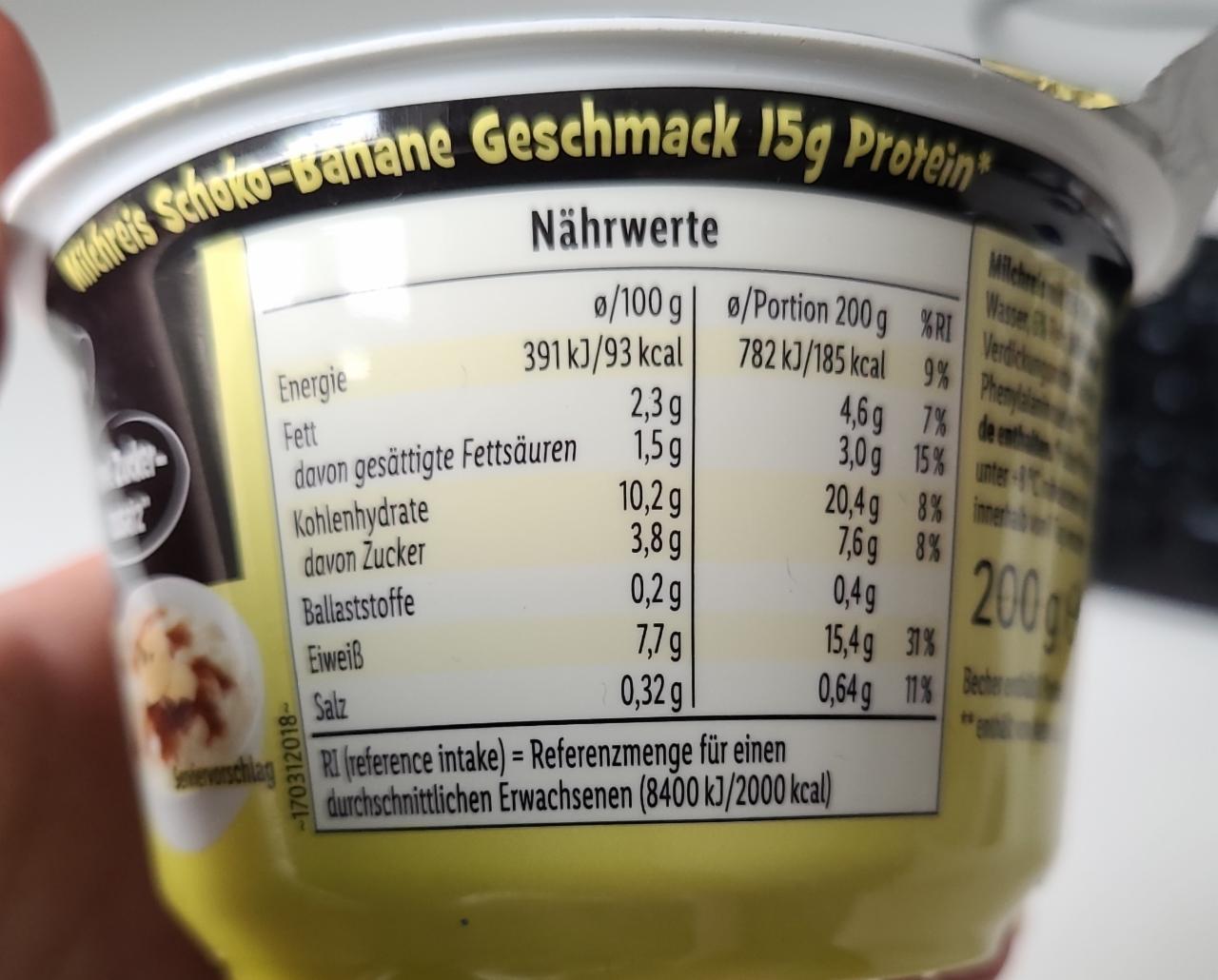 High Protein Milchreis Schoko Banane Geschmack Milbona Kalorie Kj A