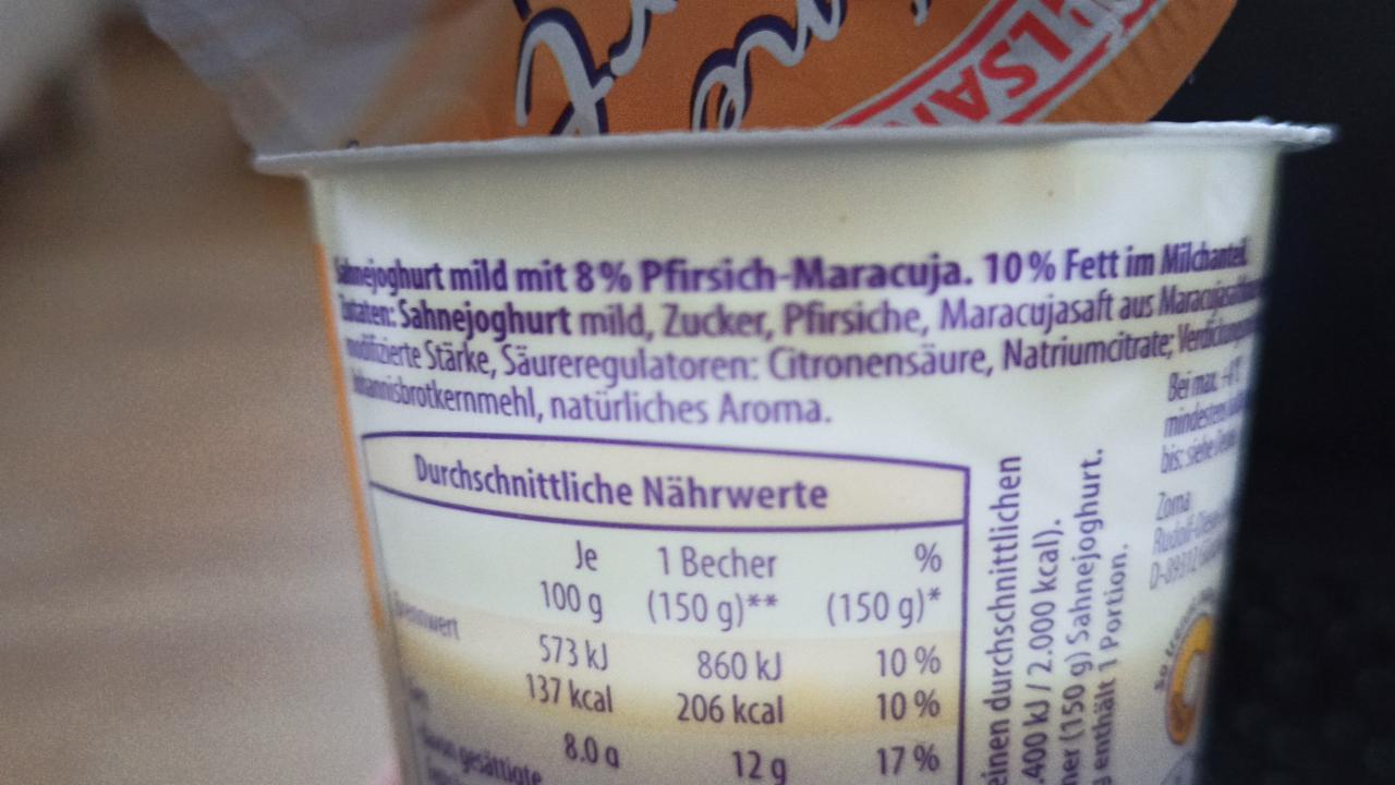 Sahne Joghurt mild Pfirsich Maracuja Milsani kalorie kJ a nutriční