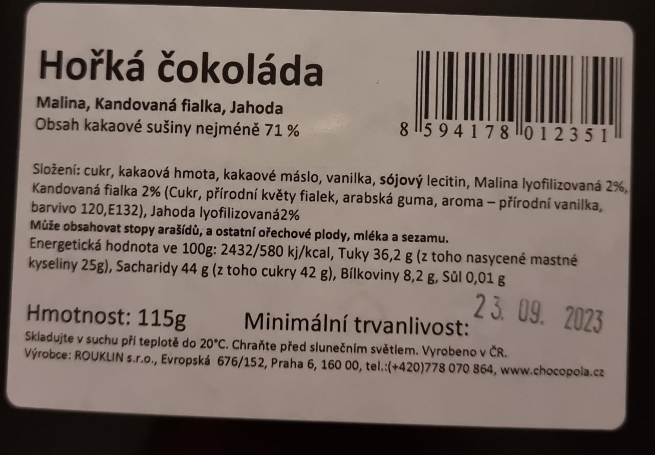 Hořká čokoláda Malina Kandovaná fialka Jahoda Choco Pola kalorie