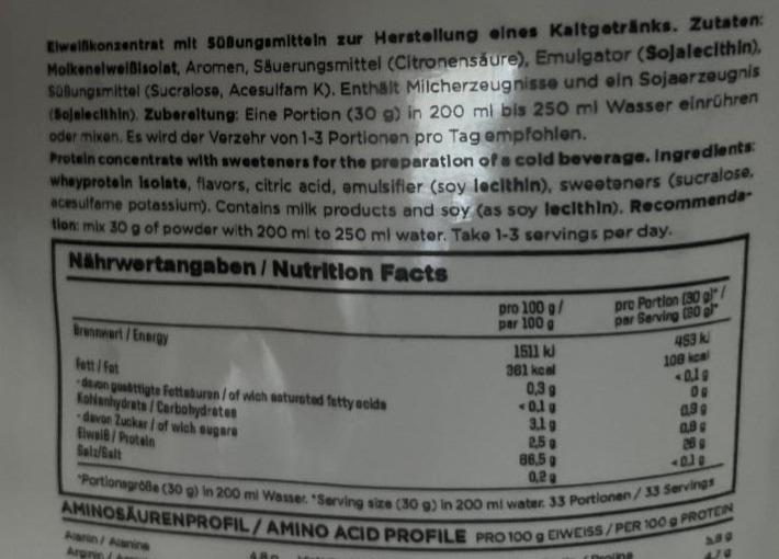 Iso Whey Hardcore Banana ESN kalorie kJ a nutriční hodnoty