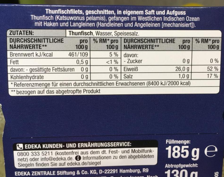 Thunfischfilets In Eigenem Saft Und Aufguss Edeka Kalorie KJ A