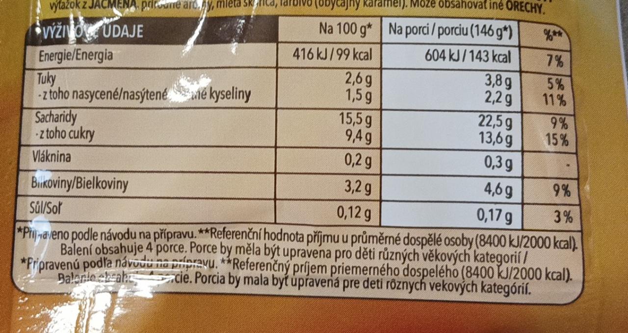 puding s posypkou Nestlé kalorie kJ a nutriční hodnoty