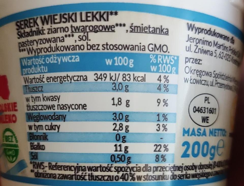 Serek Wiejski Lekki Delikate Kalorie Kj A Nutri N Hodnoty