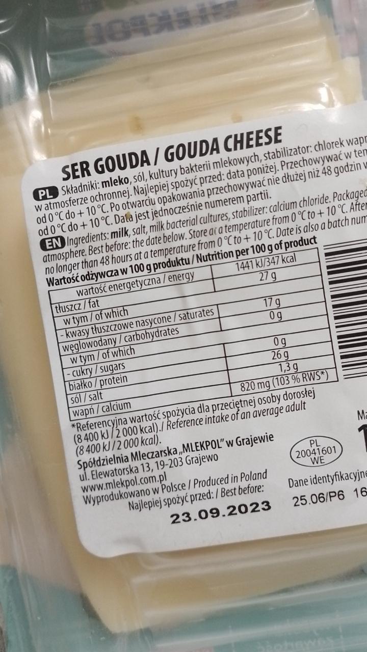 Ser Gouda w plastrach Mlekpol kalorie kJ a nutriční hodnoty