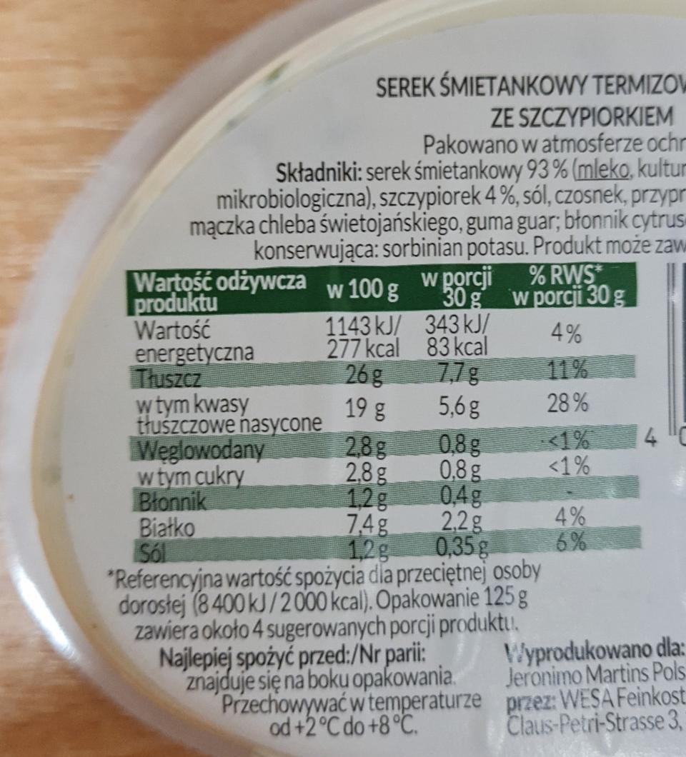 Serek śmietankowy ze szczypiorkiem Delikate kalorie kJ a nutriční