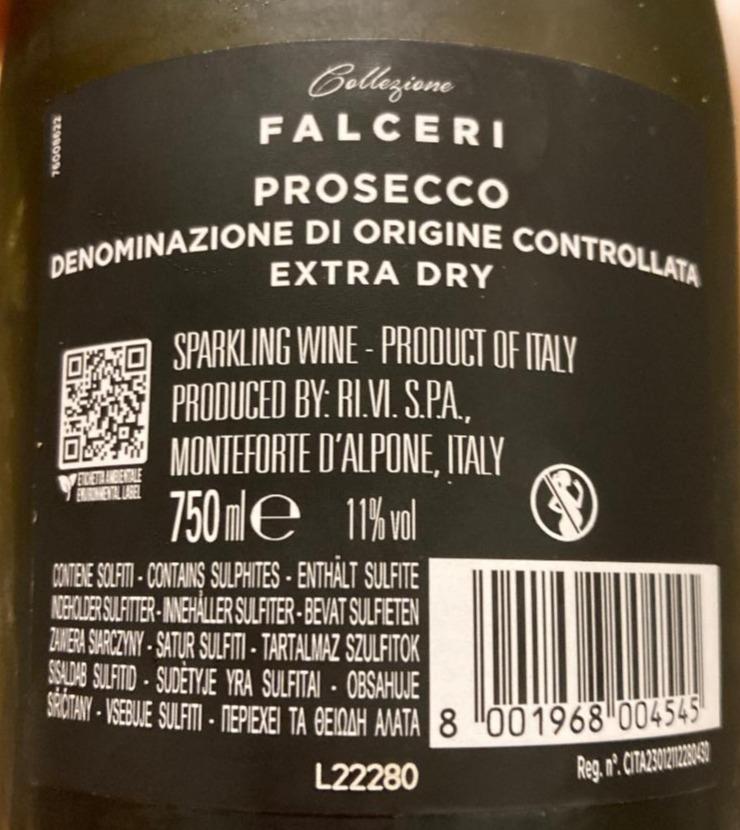 Prosecco Extra Dry Falceri kalorie kJ a nutriční hodnoty