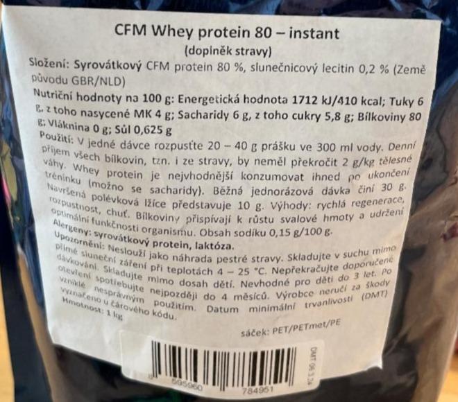 CFM Whey protein 80 instant 4fitness kalorie kJ a nutriční hodnoty