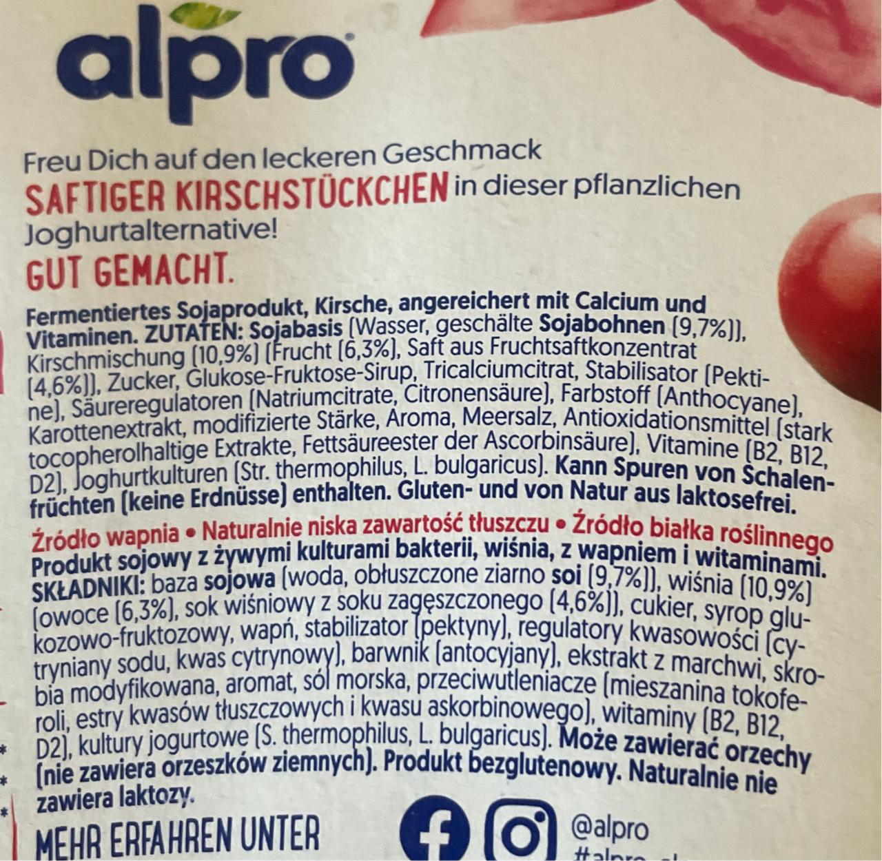 Kirsche Soya Joghurt Alpro Kalorie Kj A Nutri N Hodnoty