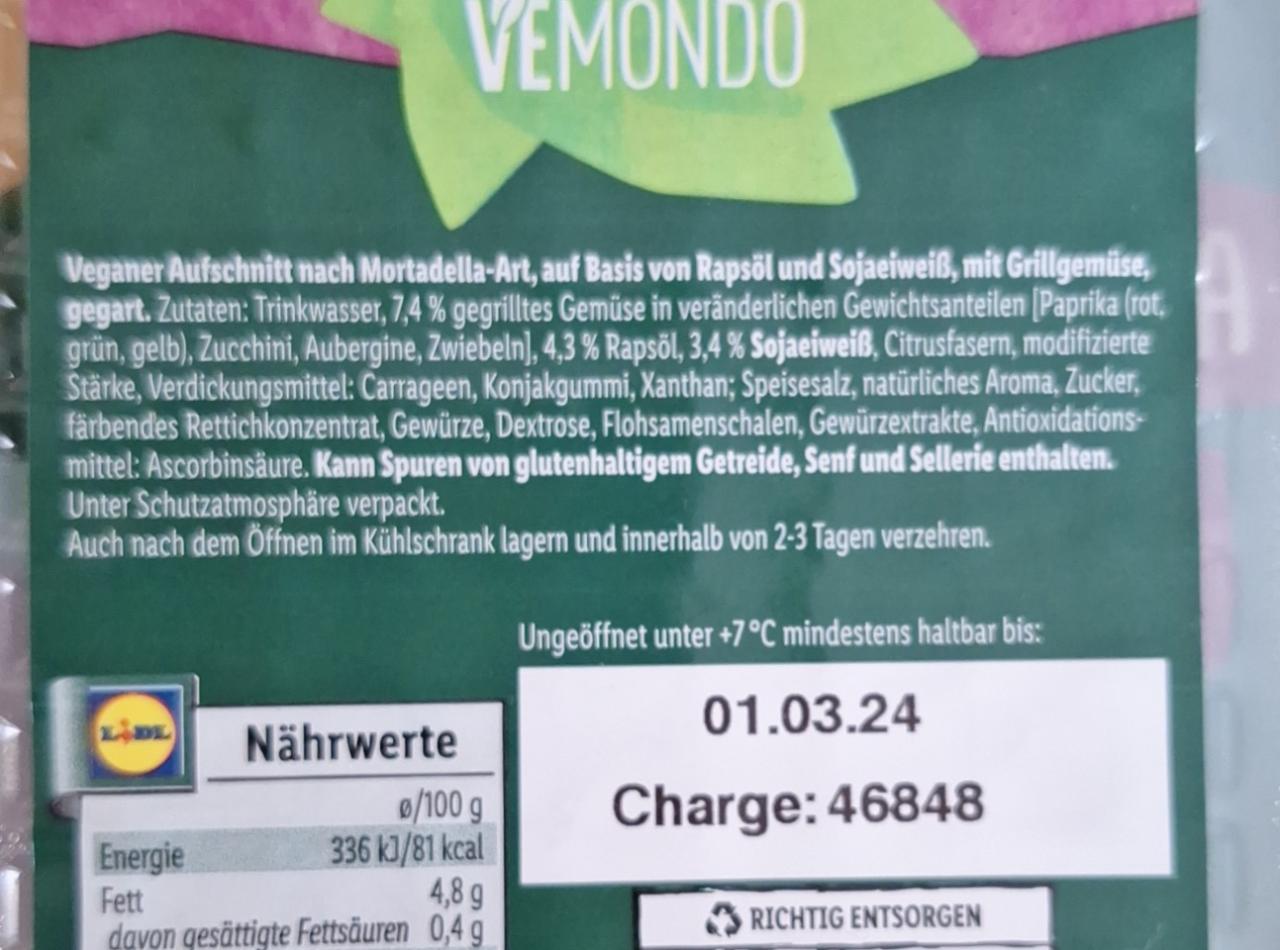 Veganer Aufschnitt mit Grillgemüse Vemondo kalorie kJ a nutriční