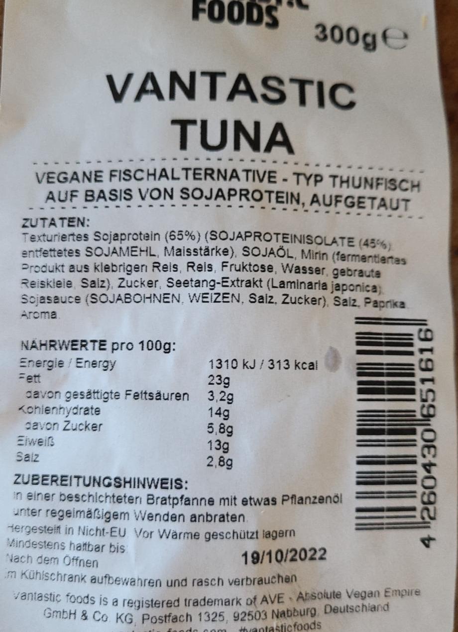 Vegane Vantastic Tuna Vantastic Foods Kalorie Kj A Nutri N Hodnoty