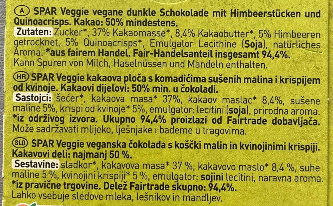 Vegane Dunkle Schoko Himbeere Quinoa Spar Veggie Kalorie KJ A