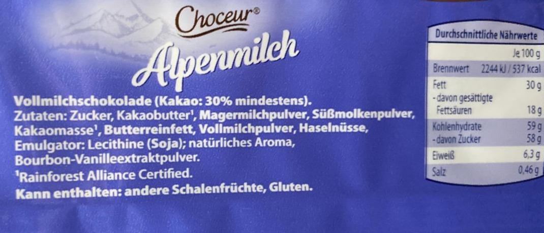 Alpenmilchschokolade Choceur kalorie kJ a nutriční hodnoty