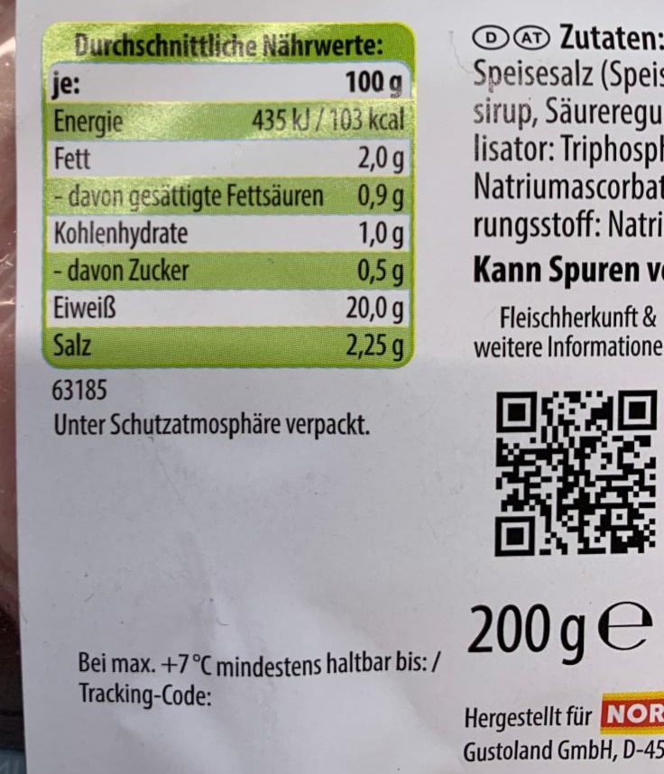 Delikatess Kochhinterschinken 2g Fett Gut Bartenhof - Kalorie, KJ A ...