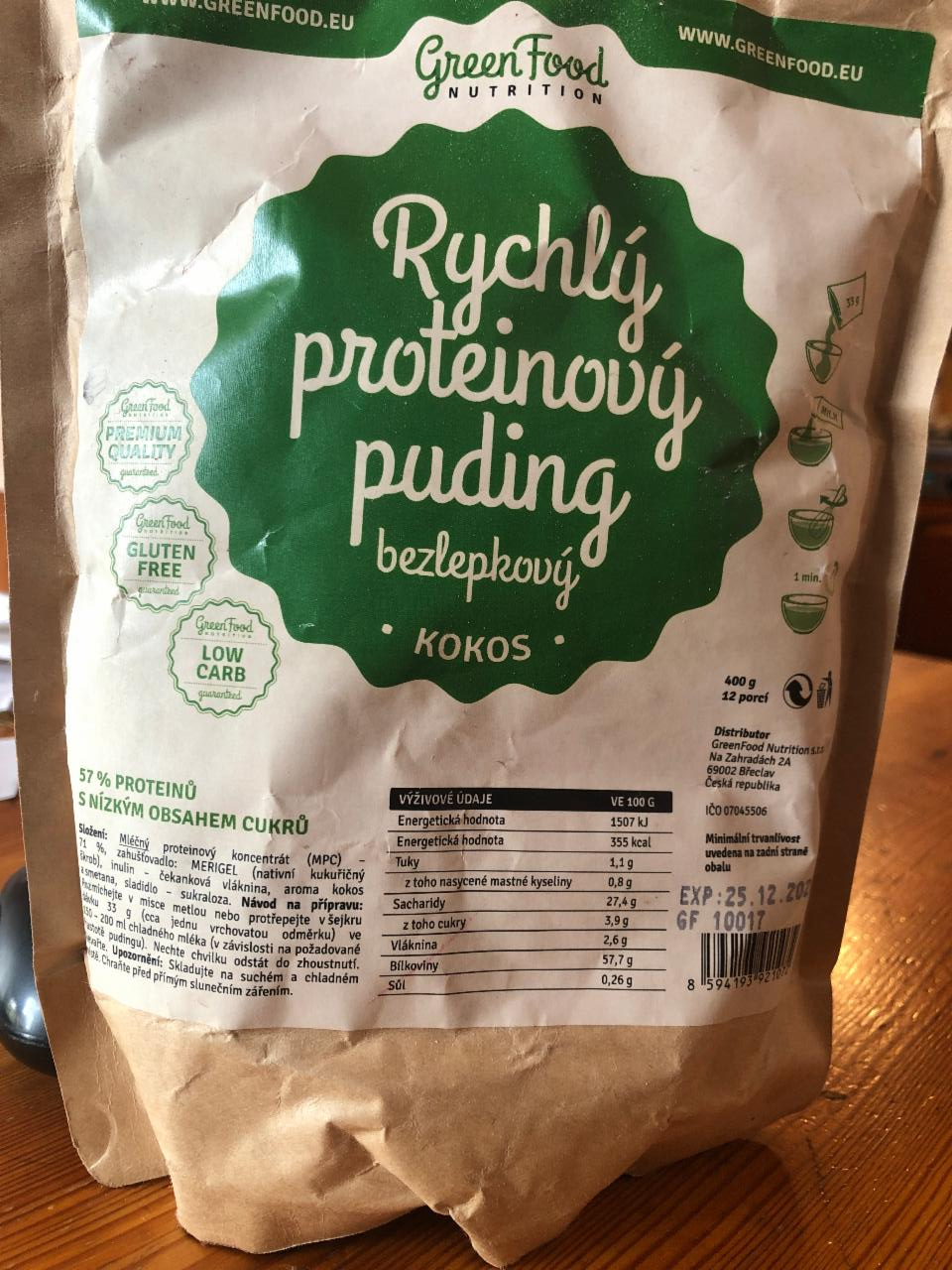 Fotografie - Rychlý proteinový pudink bezlepkový kokos GreenFood Nutrition