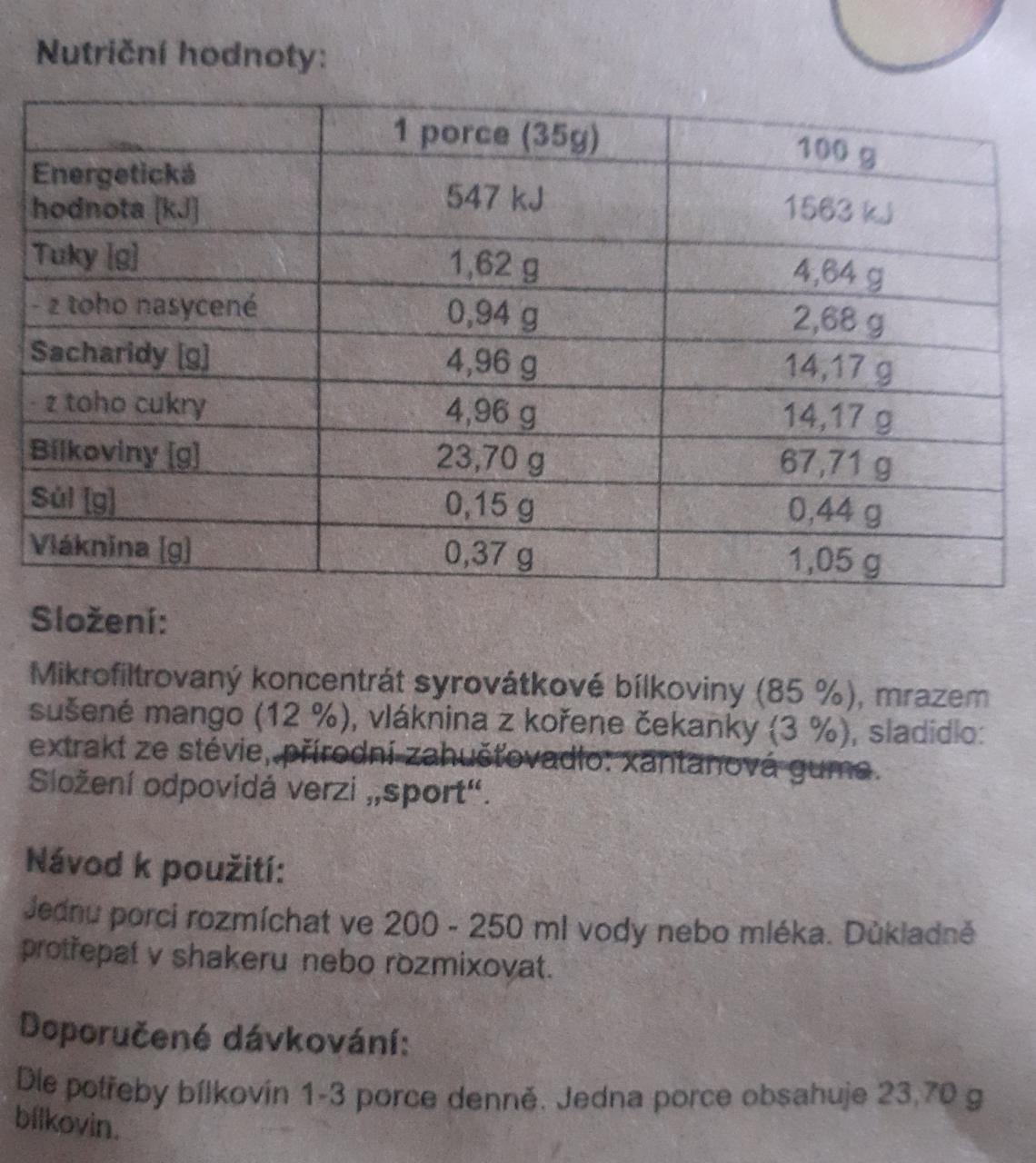 Sport Protein Mango Natural Protein Kalorie Kj A Nutriční Hodnoty Kalorickétabulkycz 9502