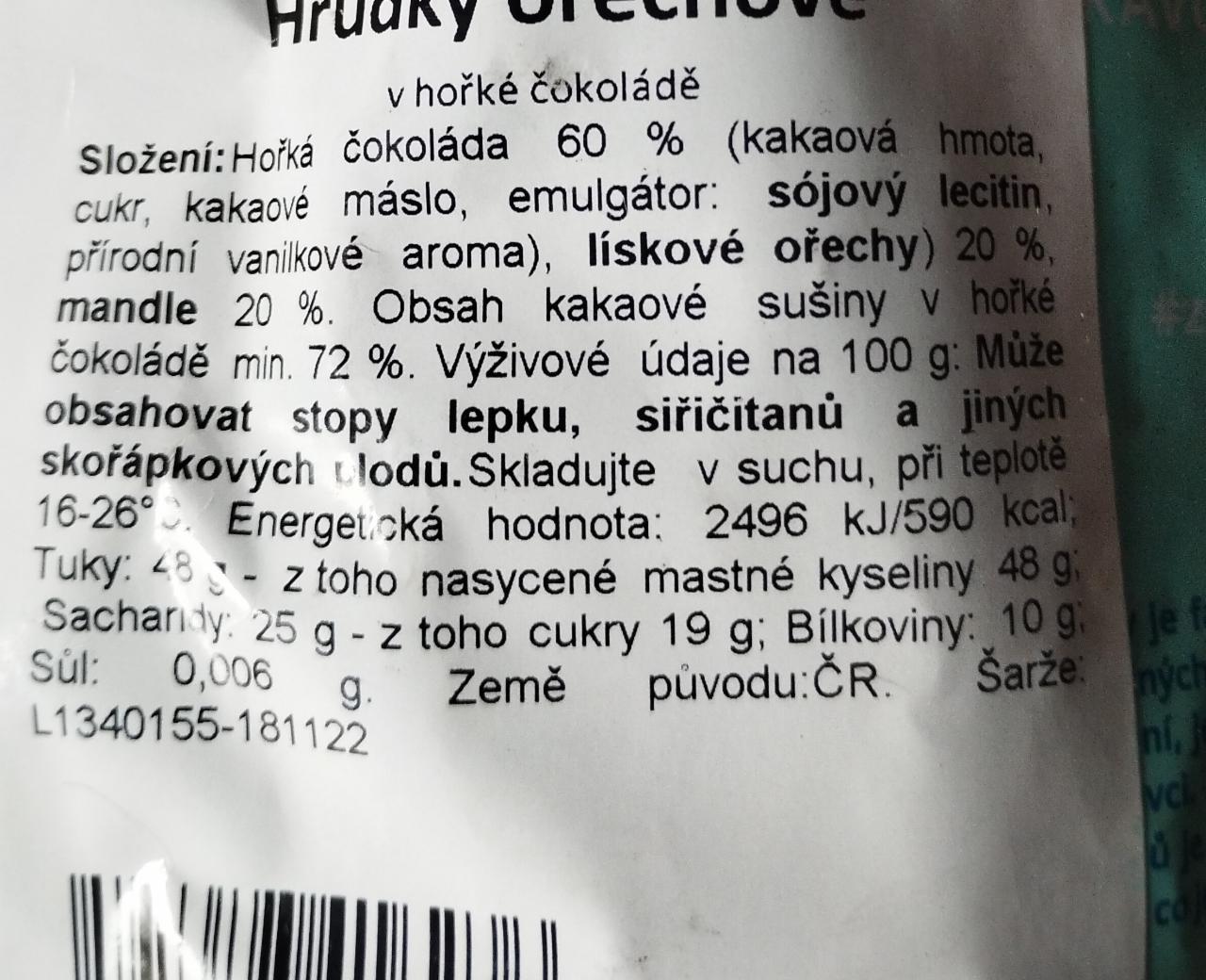 Ořechové hrudky v hořké čokoládě Grizly - kalorie, kJ a nutriční ...