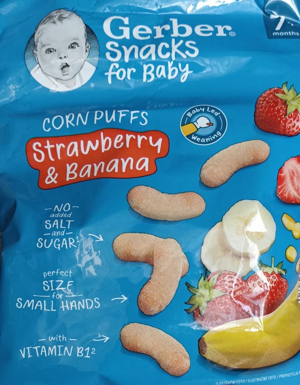 Fotografie - Gerber snacks corn puffs strawberry and babana BabyLed Weaning