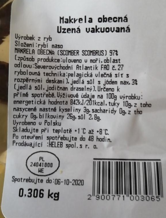 Makrela obecná uzená vakuovaná Heleb - kalorie, kJ a nutriční hodnoty ...