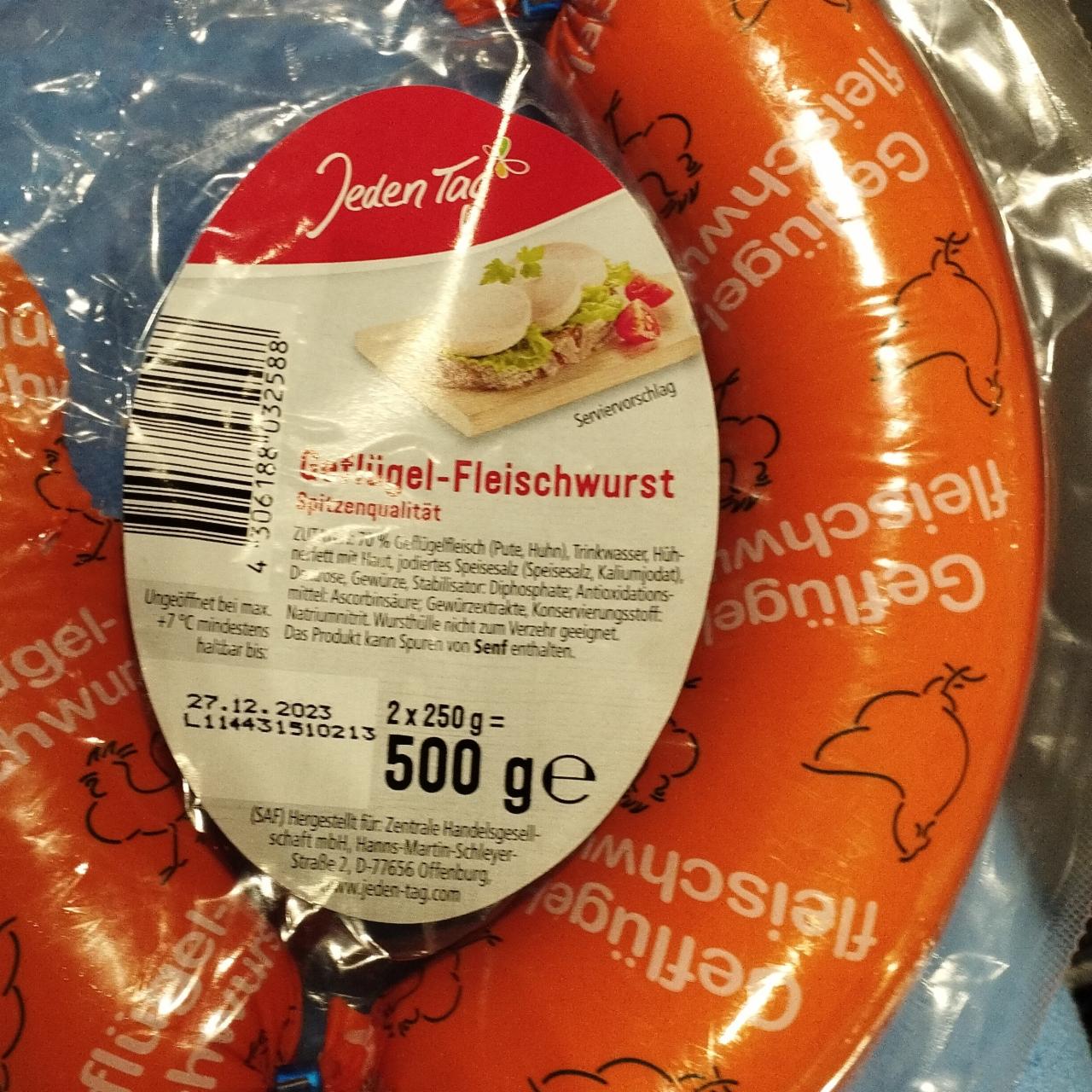 Geflügel-Fleischwurst Jeden Tag - kalorie, kJ a nutriční hodnoty