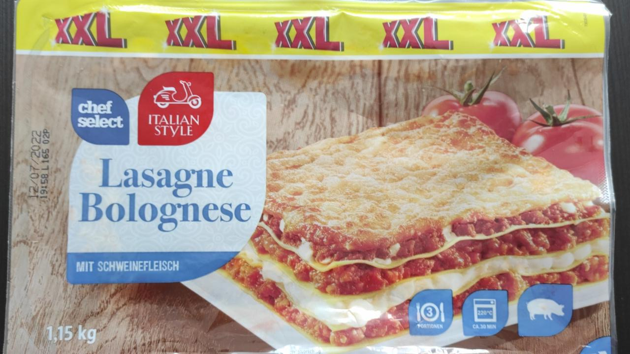 Italian Style Lasagne Bolognese mit schweinefleisch Chef Select - kalorie,  kJ a nutriční hodnoty