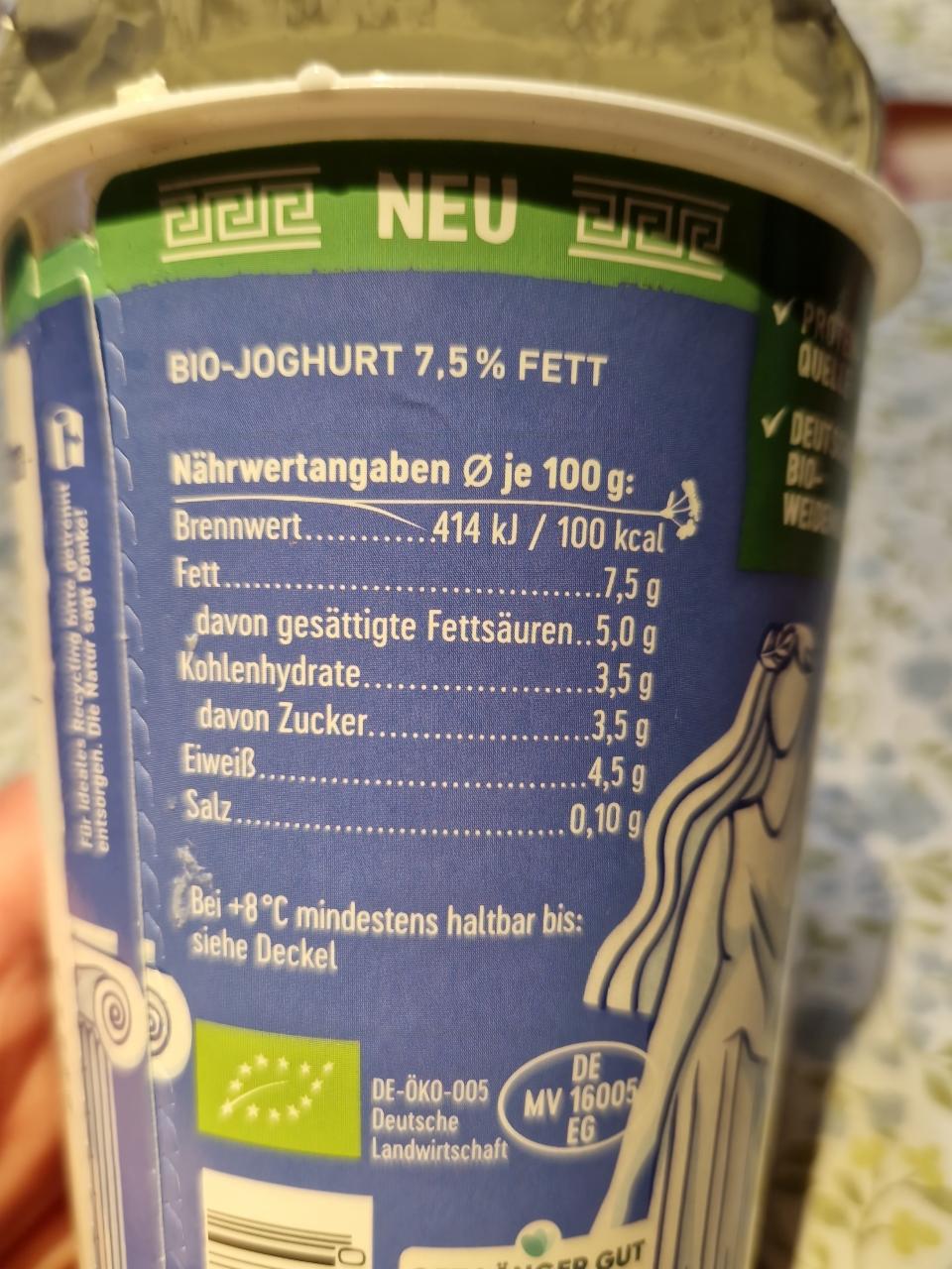 Bio Joghurt Griechischer Art Gl Serne Molkerei Kalorie Kj A Nutri N Hodnoty