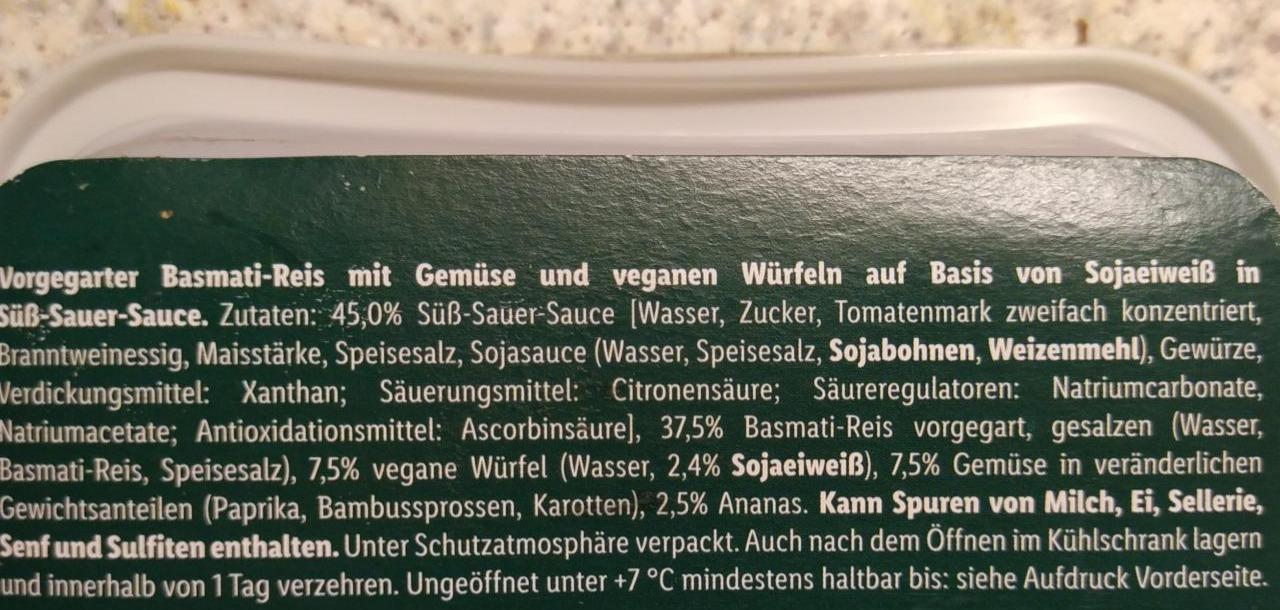 Sojawürfel süß-sauer mit Gemüse und Basmati-Reis Vemondo - kalorie, kJ ...