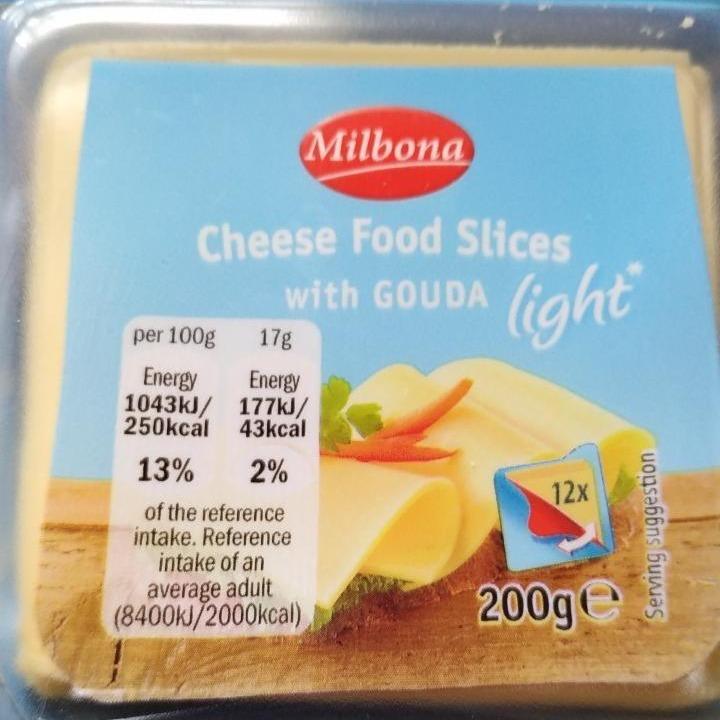 Cheese food slices with gouda light kJ Milbona a hodnoty kalorie, nutriční 