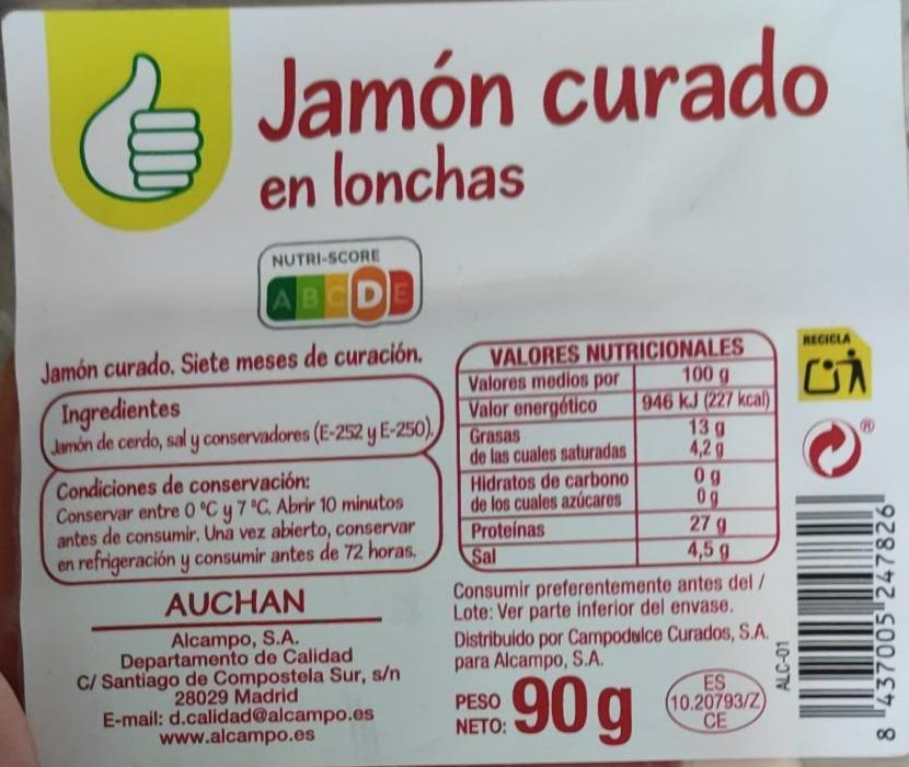 Jamón curado en lonchas Auchan - kalorie, kJ a nutriční hodnoty