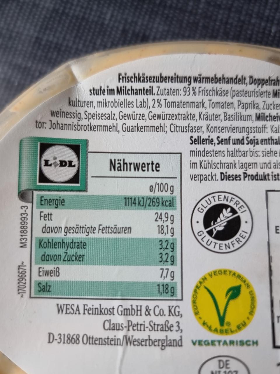 Tomate-Basilikum Frischkäse Milbona - kalorie, kJ a nutriční hodnoty ...