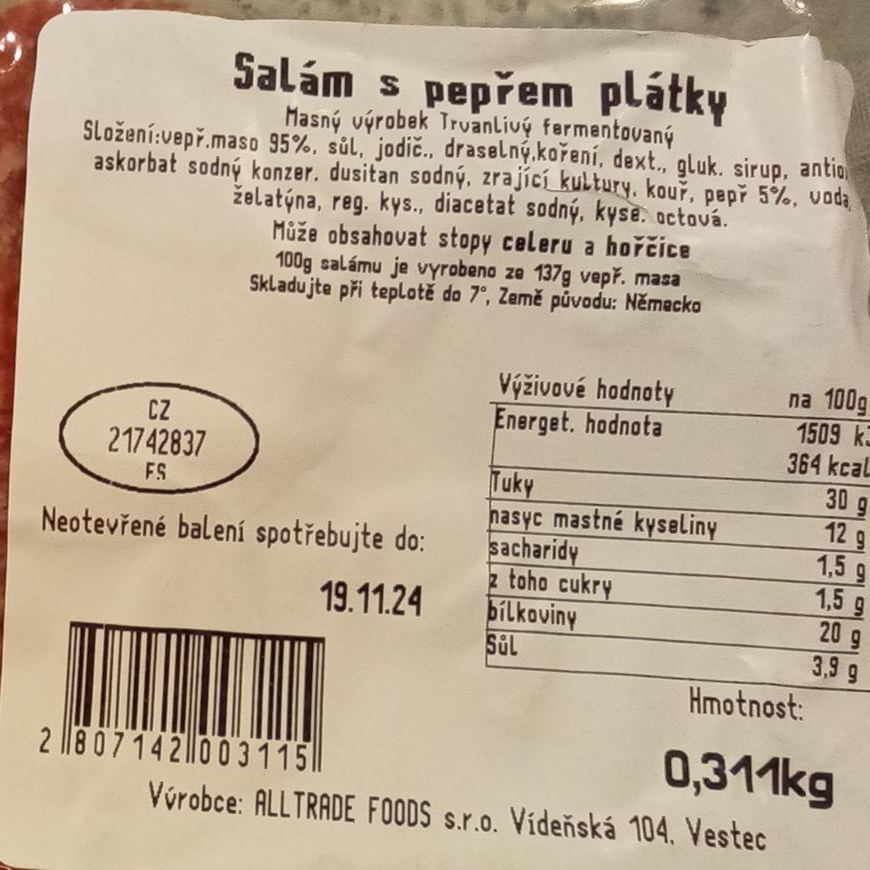 Fotografie - Salám s pepřem plátky All Trade foods